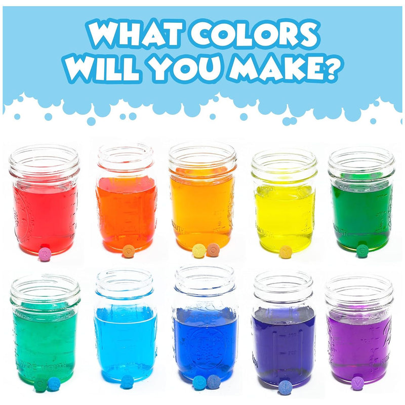 Ten colorful bath fizzies in glass jars showing rainbow of colors from red to purple