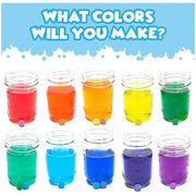 Ten colorful bath fizzies in glass jars showing rainbow of colors from red to purple