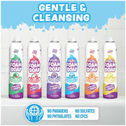 Six colorful Fluffy Foam Soap bottles in different scents on clean background