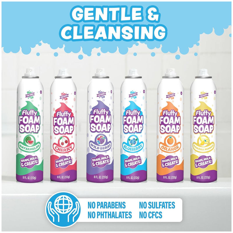 Six colorful Fluffy Foam Soap bottles in different scents on clean background