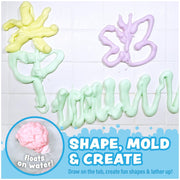 Colorful foam soap shapes on white background showing moldable bath toy product