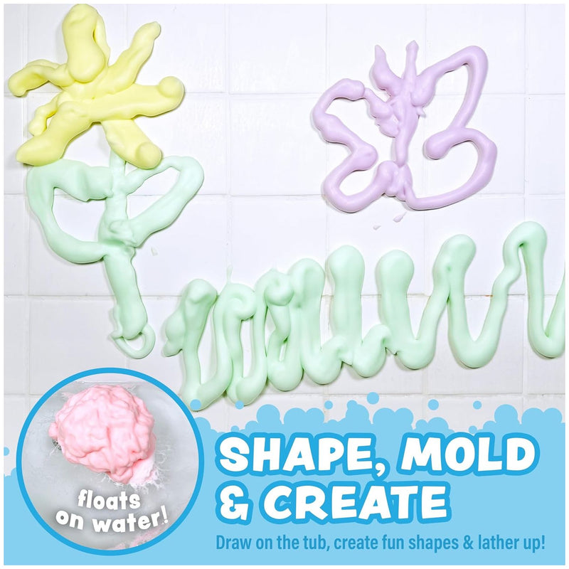 Colorful foam soap shapes on white background showing moldable bath toy product