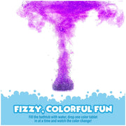 Purple fizzy color tablet dissolving in water with colorful cloud effect above bathtub bubbles