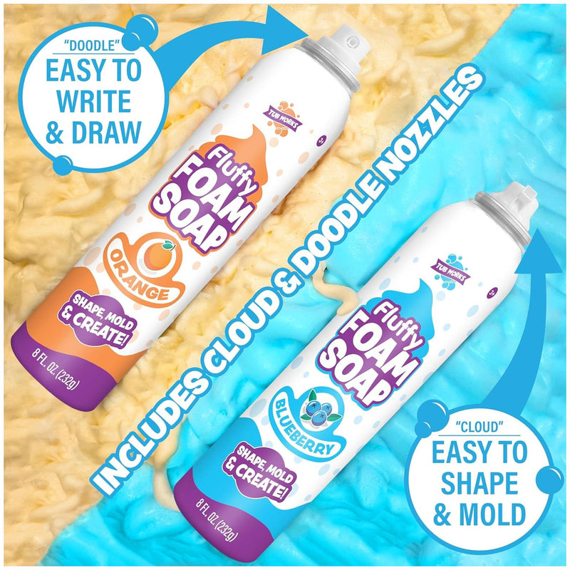 Two bottles of Fluffy Foam Soap in Orange and Blueberry scents with descriptive text