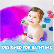 Happy toddler in colorful bath with purple fizzing water and bath toys