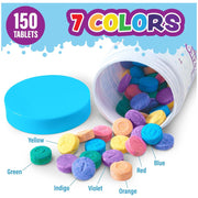 Colorful bath fizzy tablets in 7 colors spilling from container with blue top