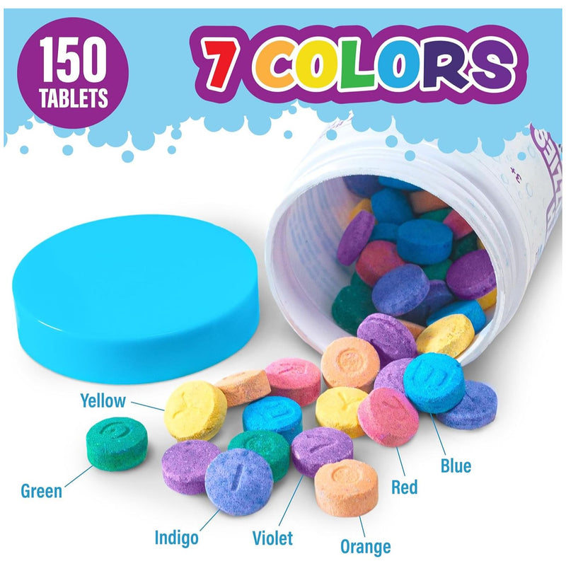Colorful bath fizzy tablets in 7 colors spilling from container with blue top