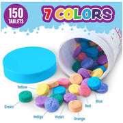 Colorful bath fizzy tablets in 7 colors spilling from container with blue top