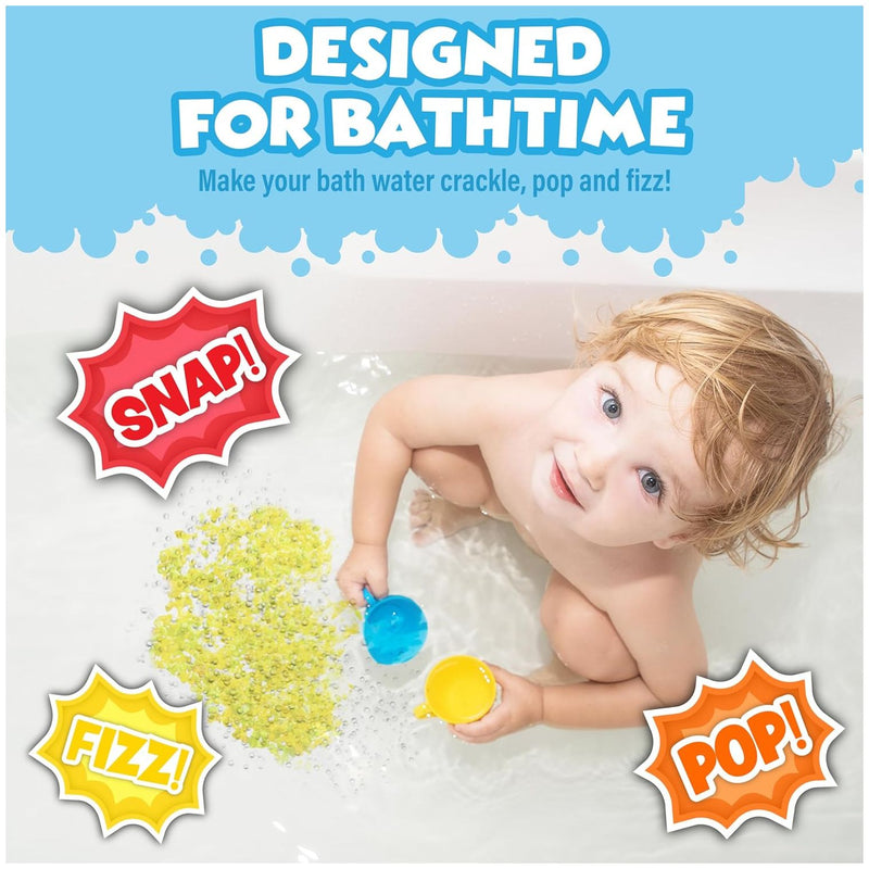 Child playing with Bath Crackles fizzing bath product in bathtub with colorful effects