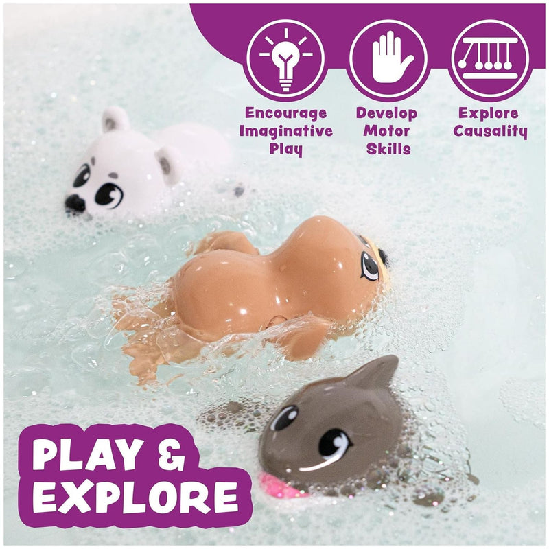 Wind-up swimming bath toys including polar bear, octopus, and seal splashing in water