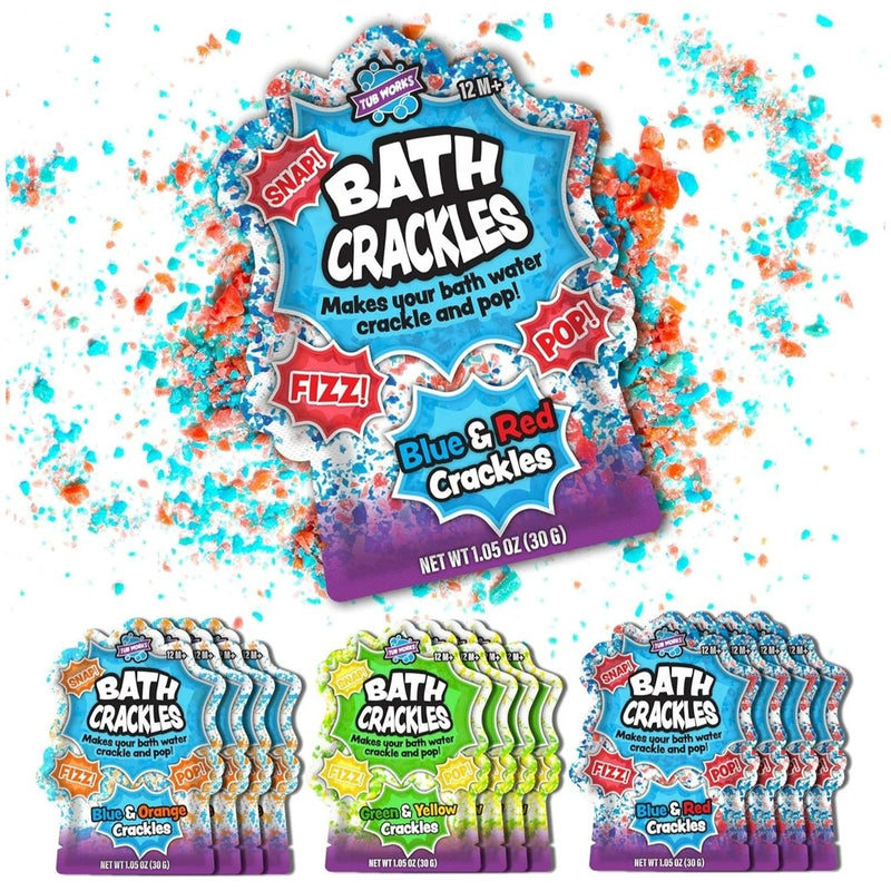 Bath Crackles packets in multiple color varieties with colorful powder explosion effect