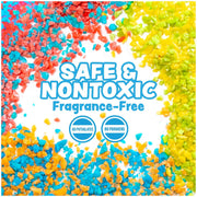 Colorful bath crackles in blue, red, yellow and orange displaying safe nontoxic fragrance-free claims