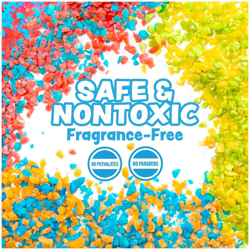 Colorful bath crackles in blue, red, yellow and orange displaying safe nontoxic fragrance-free claims