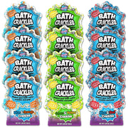 Three strips of Bath Crackles packaging showing blue orange green yellow and blue red color variants