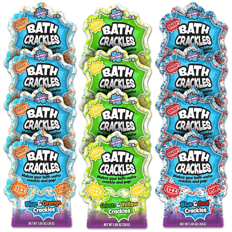 Three strips of Bath Crackles packaging showing blue orange green yellow and blue red color variants