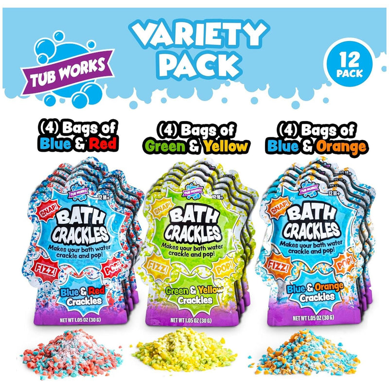 Tub Works Bath Crackles variety pack showing 12 colorful fizzing bath products