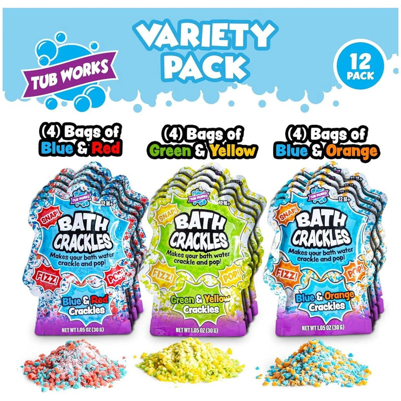 Tub Works Bath Crackles variety pack showing 12 colorful fizzing bath products
