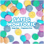 Colorful bath fizzies in various shapes and colors labeled safe and nontoxic soap-free fragrance-free