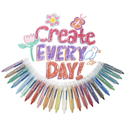 Wonder Stix 24-pack colorful crayons arranged in semicircle with Create Every Day artwork above