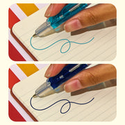 Close-up of blue gel pens writing curved lines on lined notebook paper
