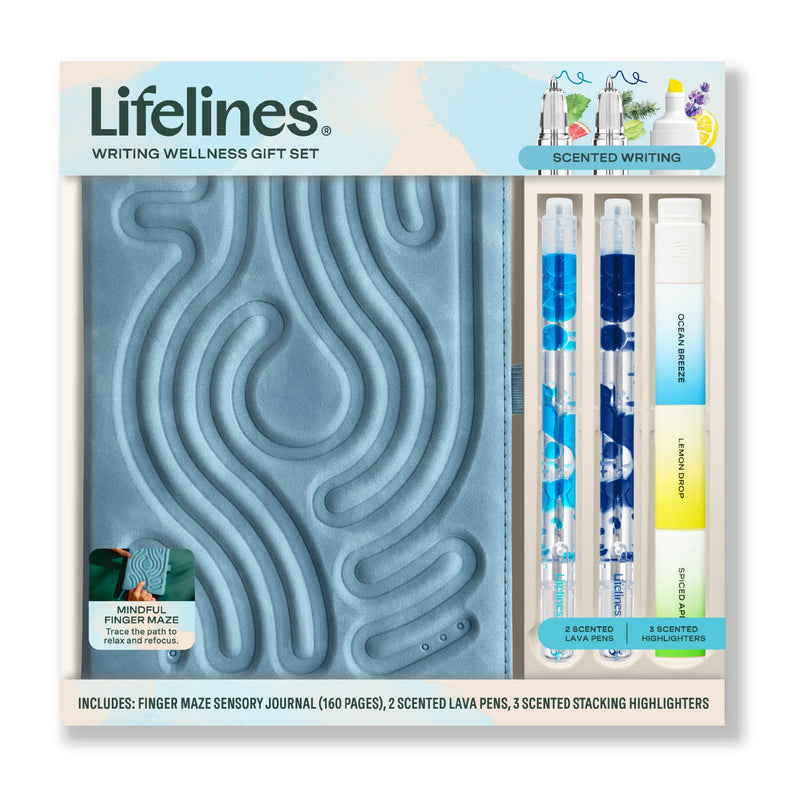 Lifelines Writing Wellness Gift Set with blue finger maze journal and scented pens