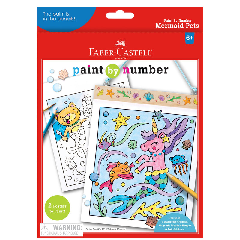 Faber-Castell Paint by Number Mermaid Pets kit package with coloring sheets and pencils