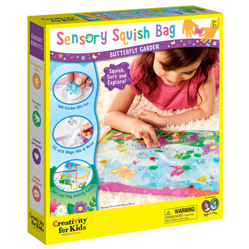 Creativity for Kids Sensory Squish Bag Butterfly Garden product box packaging showing child playing