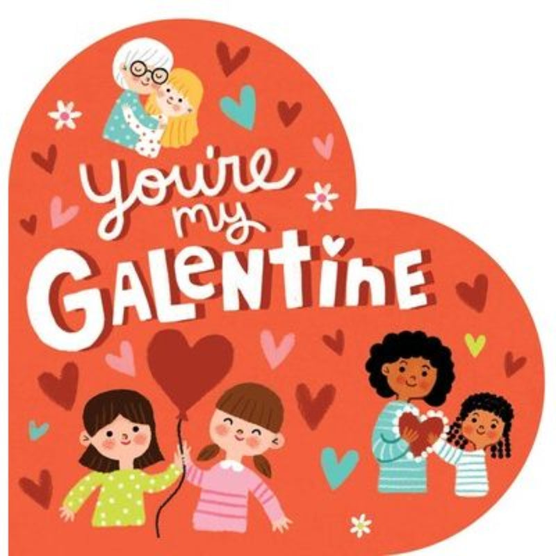 You're My Galentine heart-shaped children's book cover with diverse illustrated characters.