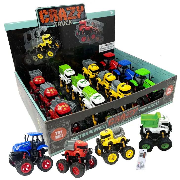 Crazy Truck toy set display box with 12 assorted friction-powered stunt vehicles