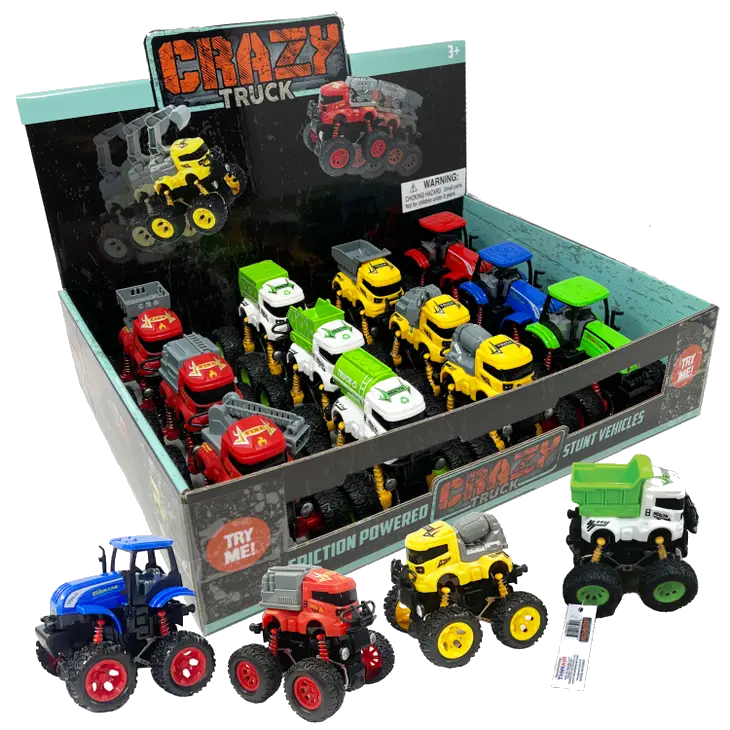 Crazy Truck 12-piece assortment display box with colorful friction-powered toy trucks