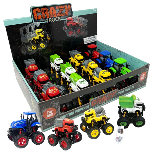Crazy Truck 12-piece assortment display box with colorful friction-powered toy trucks