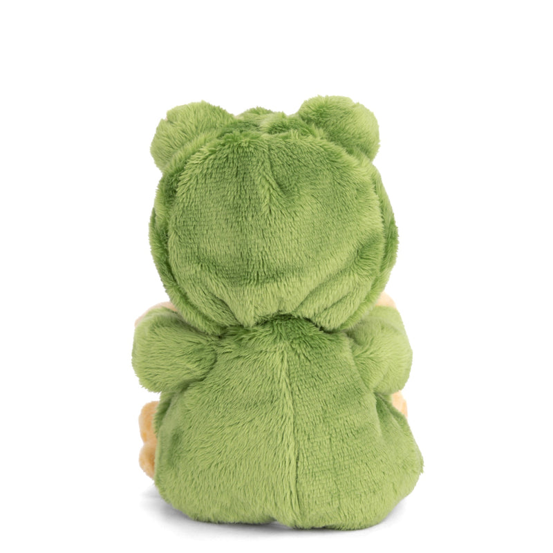 Green plush frog stuffed animal shown from behind on white background