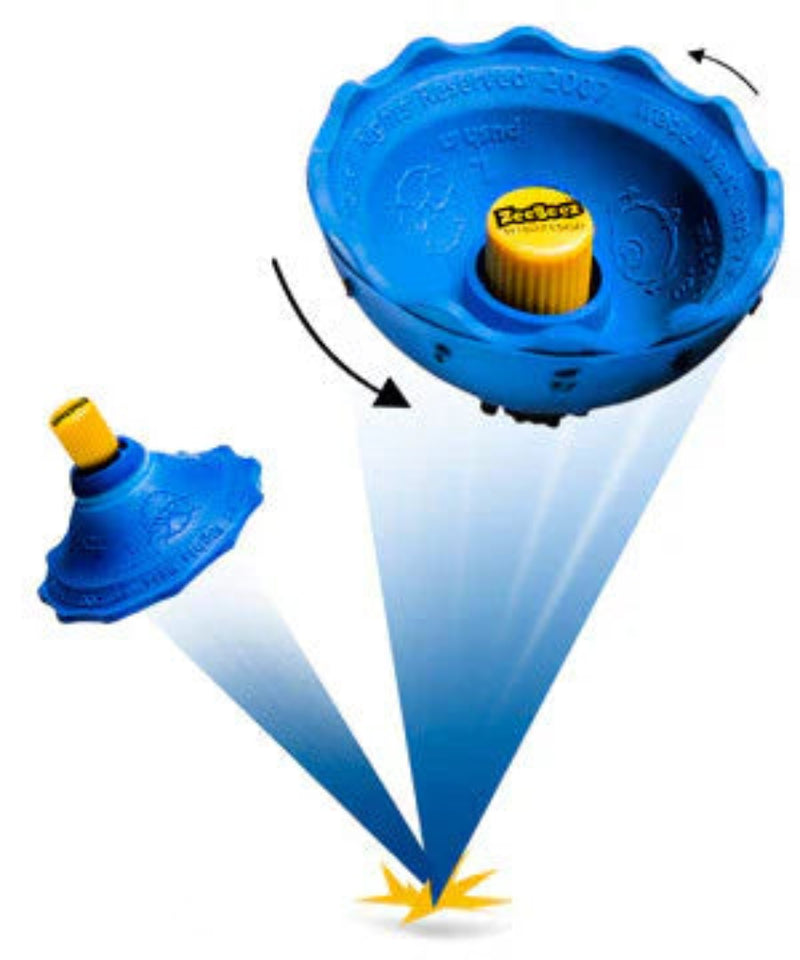 Zeebeez spinning top toy by OzWest shown in blue with exploded assembly view