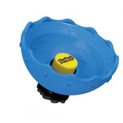 Blue Zeebeez spinning top toy with yellow center cap on white background