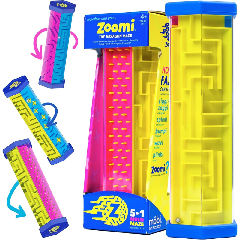 Colorful maze toy with packaging on a white background.