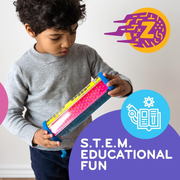 Child playing with a colorful educational toy, with 'S.T.E.M. Educational Fun' text and Zoomi logo.