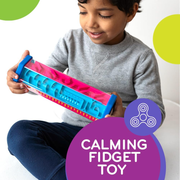 Child holding Zoomi as a fidget toy with colorful polka dots in the background.